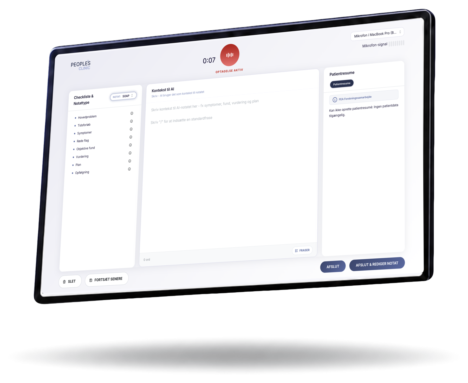 People's Clinic 3.0 - optagelse i gang med checkliste, notat og patientresumé